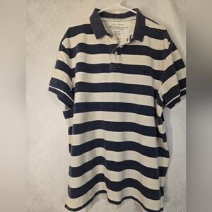 Y2k American Eagle Outfitters Men's Navy and White Striped Polo Shirt